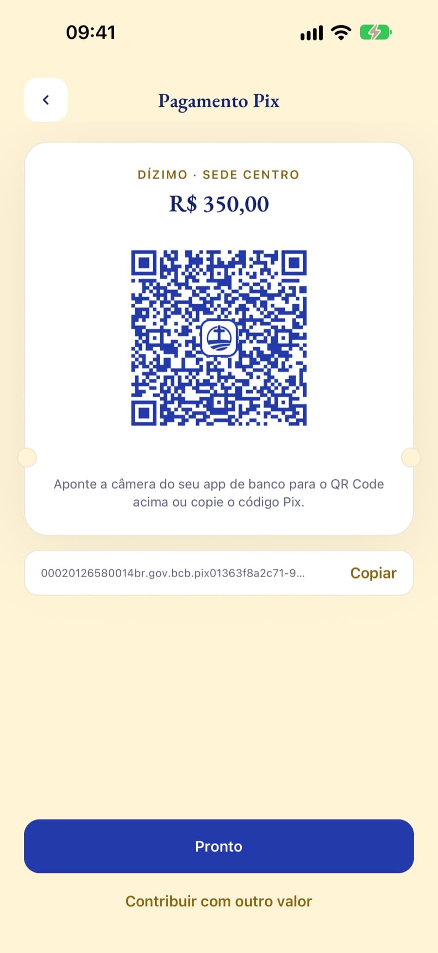 App Religio, Pagamento Pix: dízimo de R$ 350,00 para a Sede Centro, com QR Code e código copia e cola
