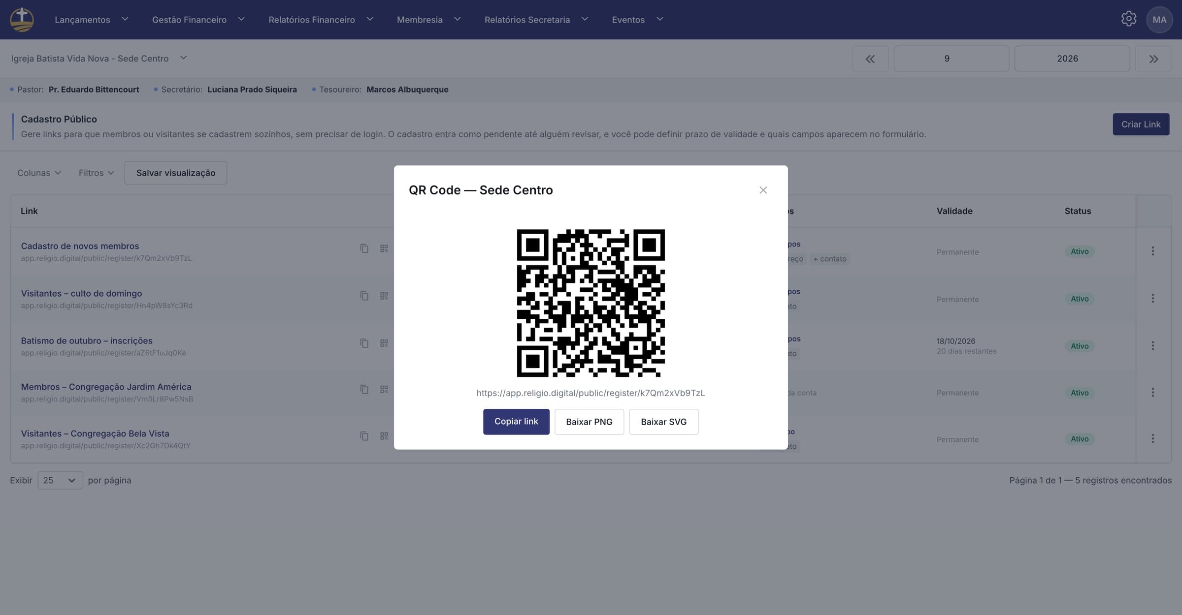 QR Code do cadastro público da Sede Centro